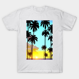 Summer Sunset Palm Trees Beach Ocean Artistic Paradise T-Shirt